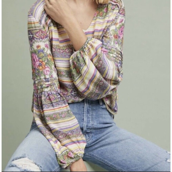 Anthropologie Maeve •S• Floral Print Ceresco Peasant Top Blouse BOHO Shirt Puff - Picture 2 of 12